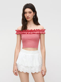 Cider - Off-shoulder Gingham Lettuce Trim Bandeau Crop Top