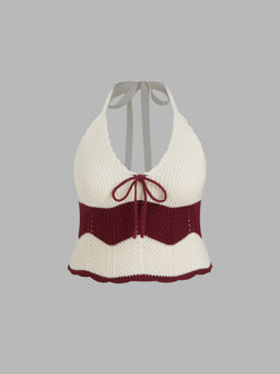 Cider - Knit Halter Neck Crochet Stripe Wave Trim Top Curve & Plus