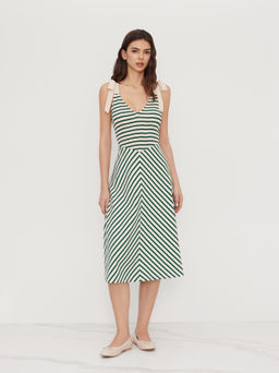 Cider - V-neck Stripe Shirred Bowknot Dress