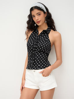 Cider - Halter Collar Polka Dot Lettuce Trim Shirred Tank Top