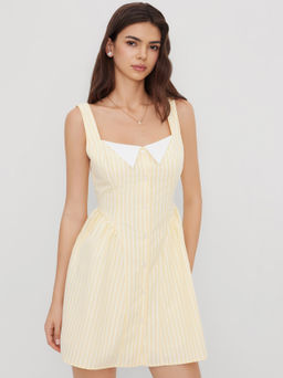 Cider - Cotton-blend Square Neck Stripe Ruffle Mini Dress