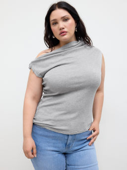 Cider - Multi-way Knit Asymmetrical Neck Button Ruched Tank Top Curve & Plus