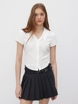 Cider - 100% Cotton Polo V-neck Ruched Short Sleeve Shirt