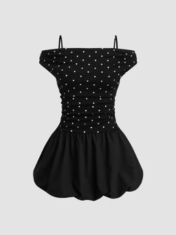 Cider - Cotton-blend Off-shoulder Polka Dot Ruched Bubble Hem Mini Dress
