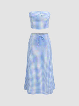 Cider - Gingham Shirred Crop Bandeau Top & Bowknot Maxi Skirt Matching
