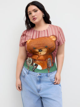 Cider - Cotton-blend Bear Graphic Stripe Short Sleeve Tee Curve & Plus
