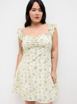 Cider - Cotton Sweetheart Floral Lettuce Trim Mini Dress Curve & Plus