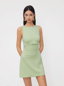 Cider - Boat Neck Gingham Bowknot Mini Dress