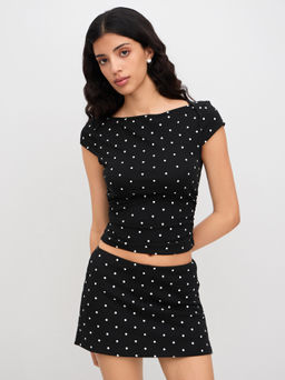 Cider - Cotton-blend Boat Neck Polka Dot Ruched Tee & Mini Skort