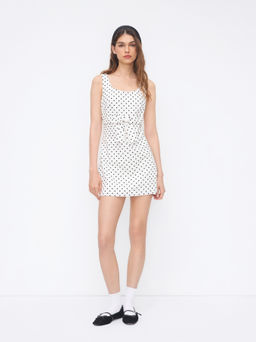 Cider - 100% Cotton U-neckline Polka Dot Bowknot Mini Dress