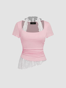 Cider - Halter Neckline Contrasting Lace Ruched Knotted Asymmetrical Top