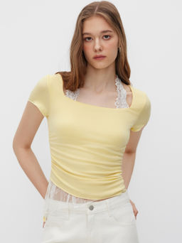 Cider - Halter Neckline Contrasting Lace Ruched Knotted Asymmetrical Top