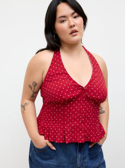 Cider - Halter Neckline Polka Dot Pleated Top Curve & Plus