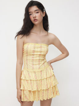 Cider - Floral Layered Bowknot Lace Trim Bandeau Mini Dress