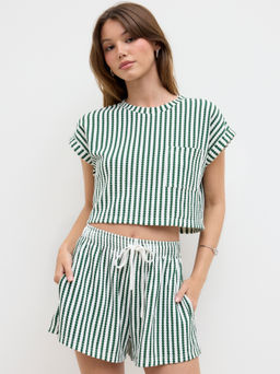 Cider - Round Neckline Stripe Oversized Crop Top & Mid Rise Drawstring Shorts