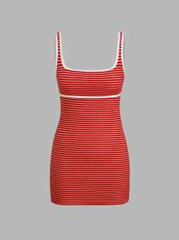 Cider - Terry U-neckline Stripe Contrasting Binding Mini Dress