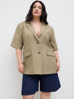 Cider - Linen-blend Collar Oversized Mid-length Blazer Curve & Plus