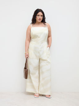 Cider - Linen-blend Zebra Stripe Knotted Shirred Jumpsuit Curve & Plus