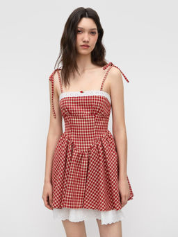 Cider - Cotton-blend Gingham Broderie Anglaise Trim Shirred Ruffle Mini Dress