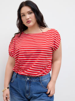 Cider - Cotton-blend Asymmetrical Neck Stripe Ruched Bodysuit Curve & Plus