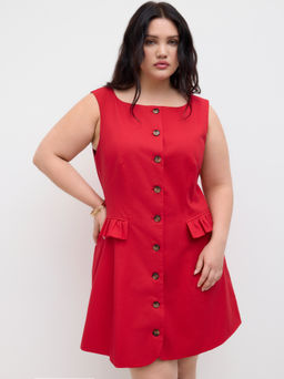 Cider - Linen-blend Boat Neck Button Mini Dress Curve & Plus