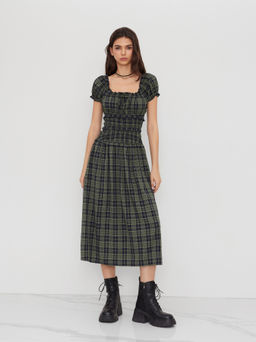 Cider - Square Neck Plaid Lettuce Trim Shirred Knotted Midi Dress