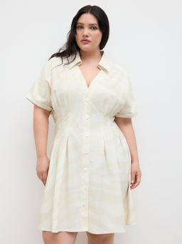 Cider - Linen-blend Collar Zebra Stripe Button Through Cinched Waist Mini Dress Curve & Plus