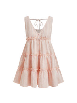 Cider - Cotton-blend V-neck Check Knotted Lettuce Trim Smock Mini Dress