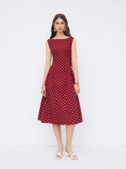 Cider - Linen-blend Boat Neck Polka Dot Backless Bowknot Dress