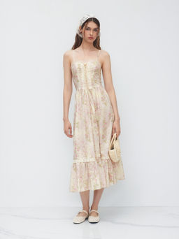 Cider - 100% Cotton Sweetheart Neckline Floral Lace Trim Ruffle Shirred Midi Dress