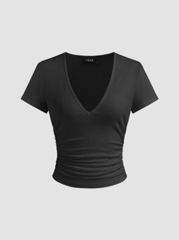 Cider - Cotton-blend V-neck Ruched Short Sleeve Tee