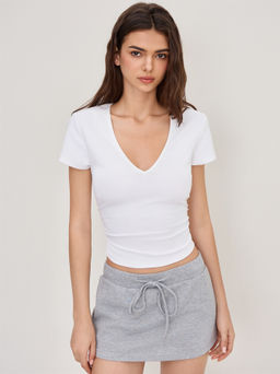 Cider - Cotton-blend V-neck Ruched Short Sleeve Tee
