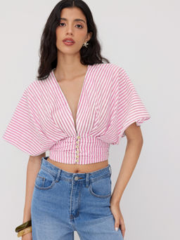 Cider - Cotton-blend V-neck Stripe Ruched Dolman Sleeve Shirt