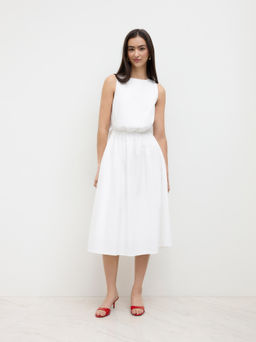 Cider - Cotton Round Neckline Elastic Waist Cut Out Split Dress