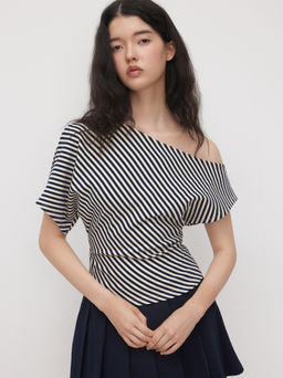 Cider - Jersey Asymmetrical Neck Stripe Ruched Tee