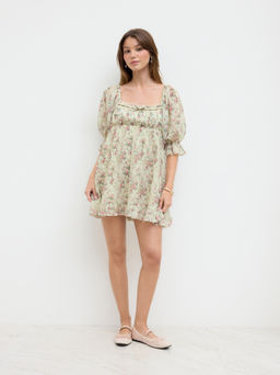 Cider - Chiffon Square Neck Floral Bowknot Puff Sleeve Mini Dress