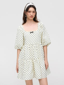 Cider - 100% Cotton Polka Dot Bowknot Tiered Ruffle Puff Sleeve Smock Mini Dress
