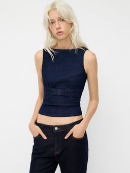 Cider - Stretch Denim Boat Neck Bowknot Tank Top