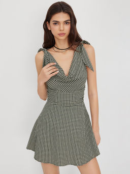 Cider - Cotton-blend Cowl Neck Check Bowknot Mini Dress