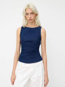 Cider - Stretch Denim Boat Neck Ruched Tie Back Tank Top
