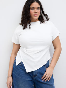 Cider - Cotton-blend Boat Neck Ruched Asymmetrical Hem Tee Curve & Plus