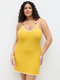 Cider - Knit Halter Neckline Contrasting Binding Beaded Spilt Mini Dress Curve & Plus