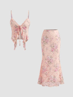 Cider - Lace V-neck Floral Ruffle Hem Cami Top & Mid Rise Mermaid Maxi Skirt