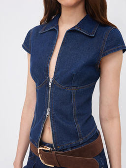 Cider - Denim Polo Neck Zip Through Blouse