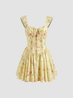 Cider - Linen-blend Square Neck Floral Knotted Shirred Mini Dress