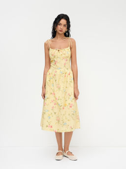 Cider - Linen-blend Square Neck Ditsy Floral Shirred Knotted Dress