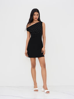 Cider - Cotton-blend Asymmetrical Neck Polka Dot Mini Dress
