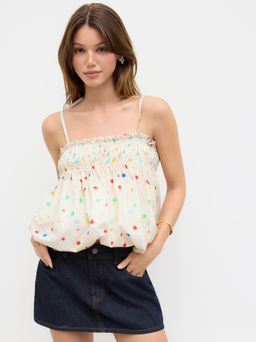 Cider - Cotton Polka Dot Lettuce Trim Shirred Bubble Hem Cami Top
