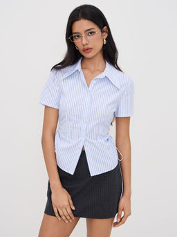 Cider - Cotton-blend Polo Collar Stripe Drawstring Knotted Shirt