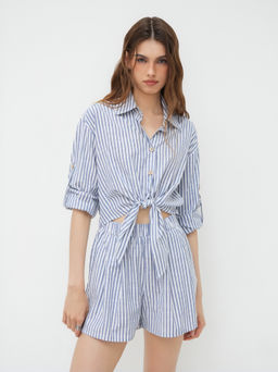 Cider - Cotton-blend Polo Neck Stripe Elastic Waist Knotted Romper